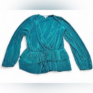 Floral & Ivy Pleated V-Neck Wrap Peplum Top - Teal Festival
